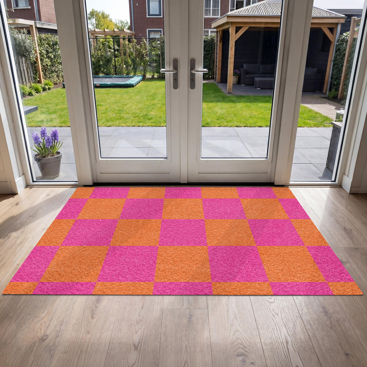 FUSSMATTE Schachbrettmuster - Orange - Rosa - Blöcke Schmutzfangmatte 180x120 cm - Pink, Kunststoff (180/120cm) - MuchoWow