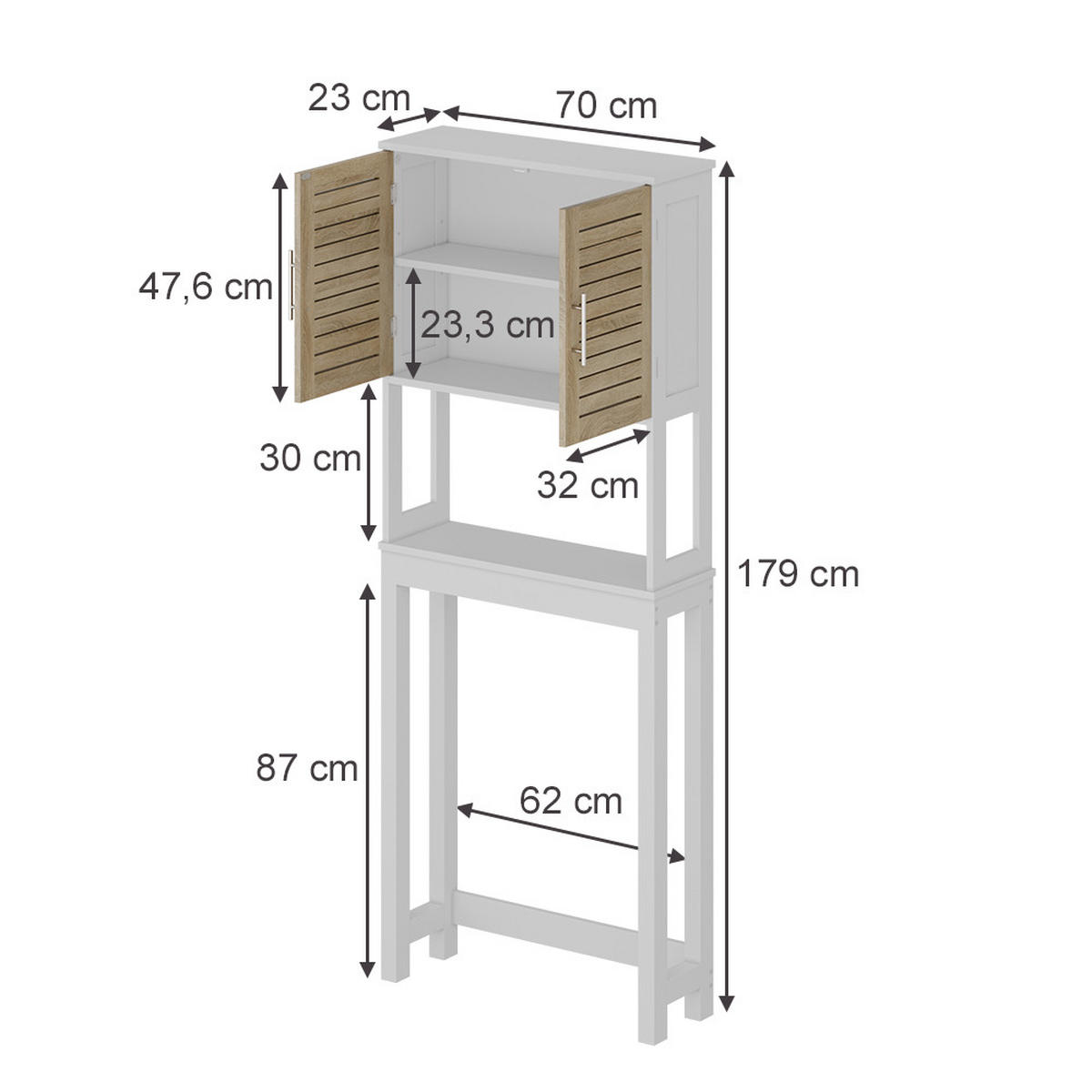 TOILETTENSCHRANK Looma Weiß/Eiche 70 x 180 cm mit 2 geschlossenen Fächern - Weiß, Holzwerkstoff (70/180/23cm) - Vicco