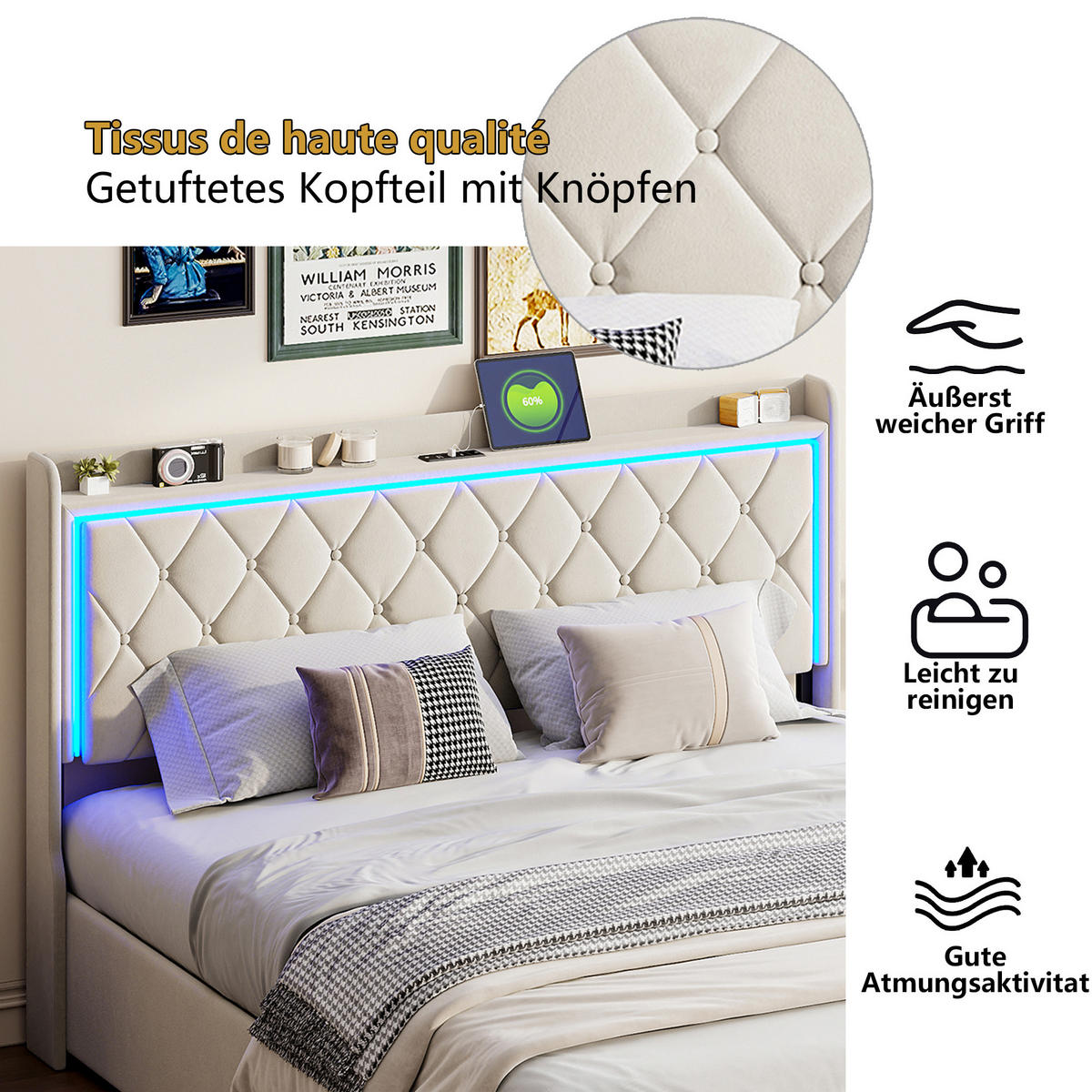 POLSTERBETT 140x200 cm Beige mit LED, USB und Type-C, Stauraumkopfteil & Bettkasten - Beige, Holz (140/190cm)