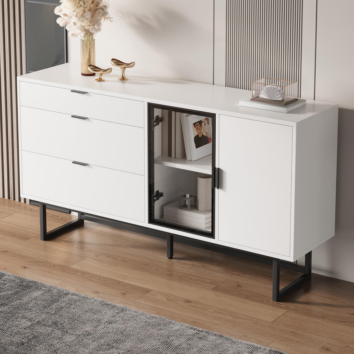 SIDEBOARD Weiß Glas Türen 3 Schubladen LED - Weiß, Holz (160/78/36cm) - LEBENLANG