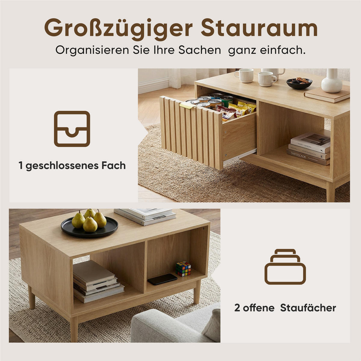 COUCHTISCH 80 cm Schublade Eiche Massivholz - Naturfarben, Holz (80/50/45cm) - Kaket