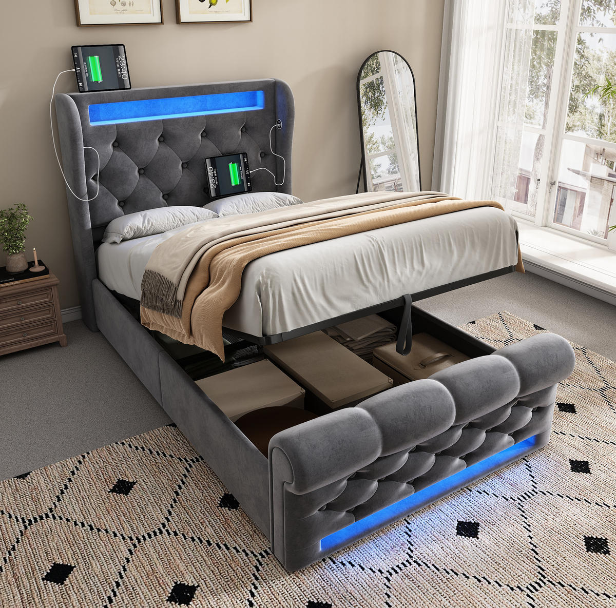 POLSTERBETT 90/200 cm Grau aus Samt mit Stauraum, LED-Beleuchtung und USB - Grau, Textil (90/200cm) - Flora Grace