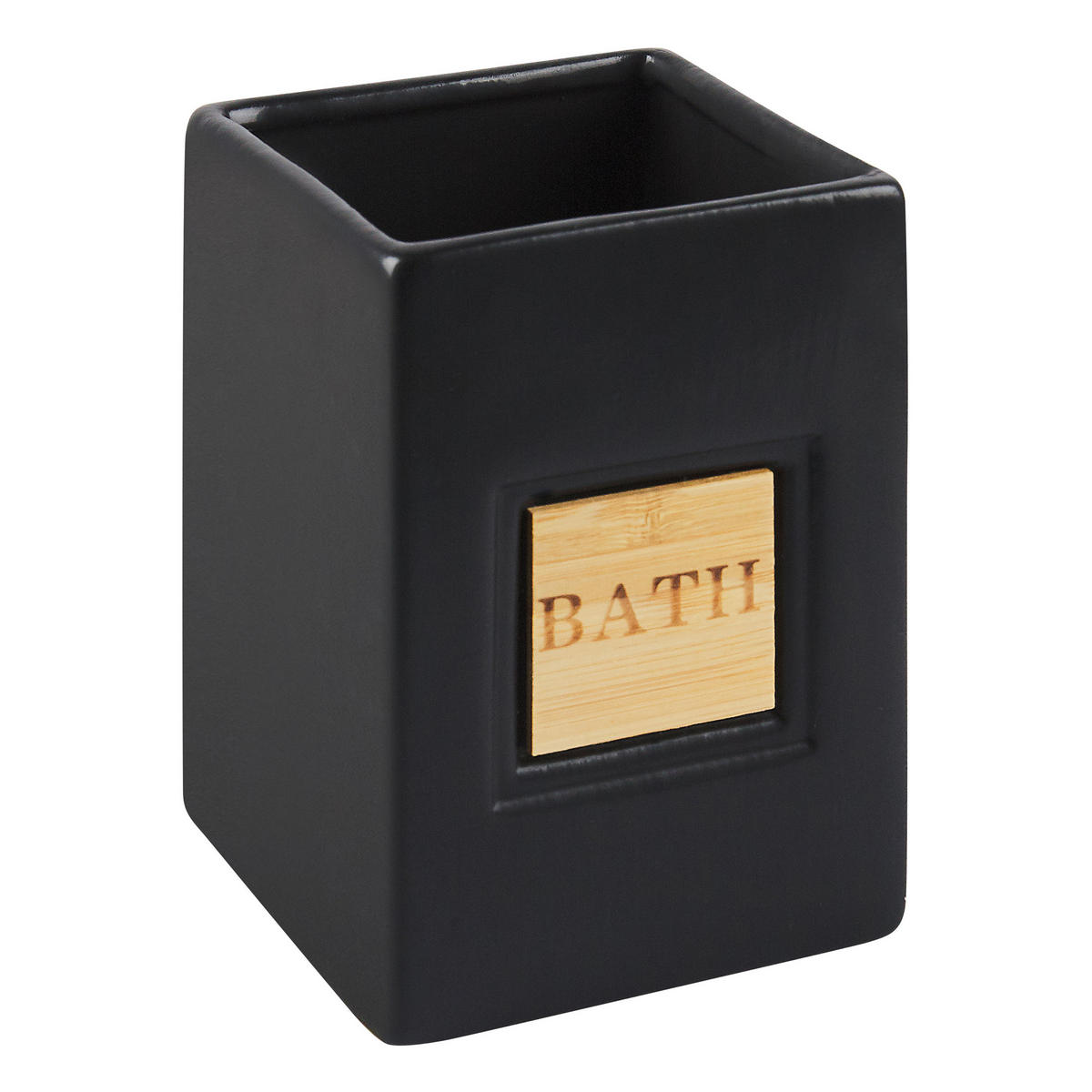 BADEZIMMER Set 4-teilig Keramik schwarz/heller Holzfarbton Kourou - Hellbraun/Schwarz, Stein (9/16/6cm) - Beliani