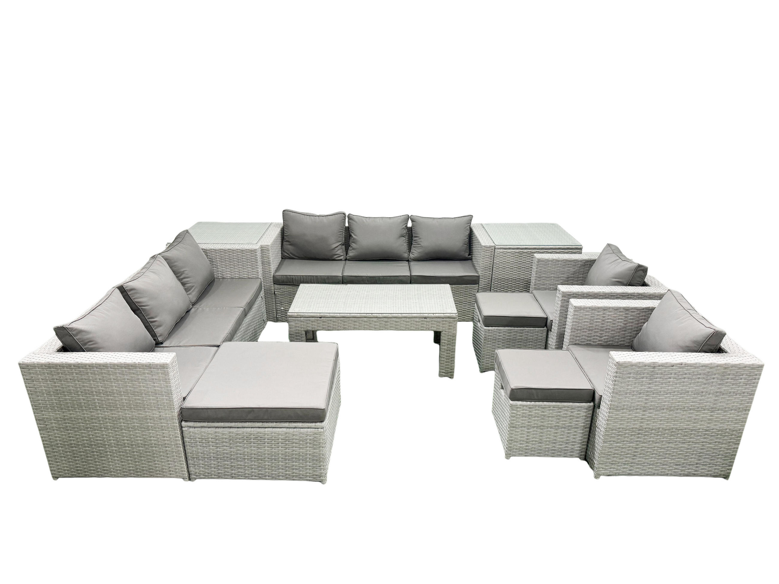 GARTENSOFA hohe Rückenlehne Polyrattan Hellgrau-Mix 11-Sitzer - Hellgrau/Grau, Glas/Kunststoff - Fimous