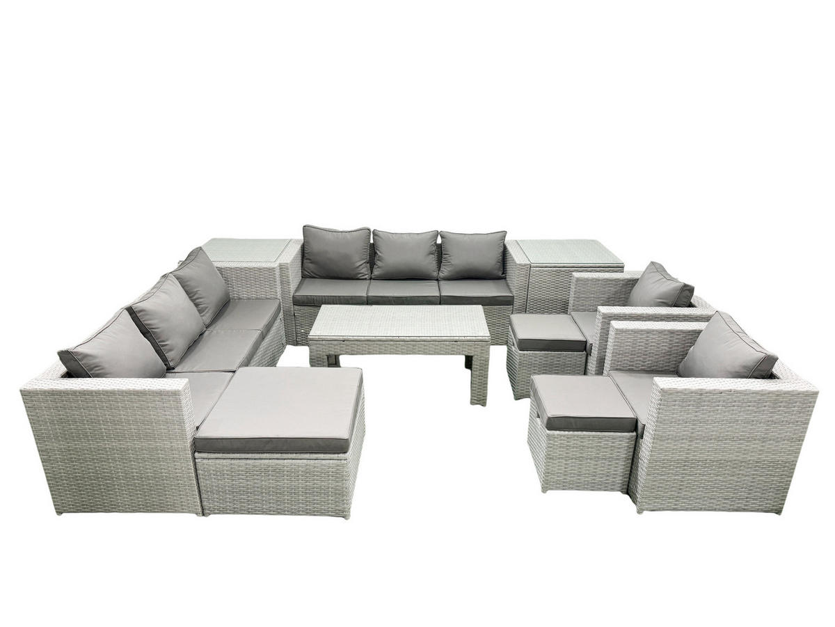 GARTENSOFA hohe Rückenlehne Polyrattan Hellgrau-Mix 11-Sitzer - Hellgrau/Grau, Glas/Kunststoff - Fimous
