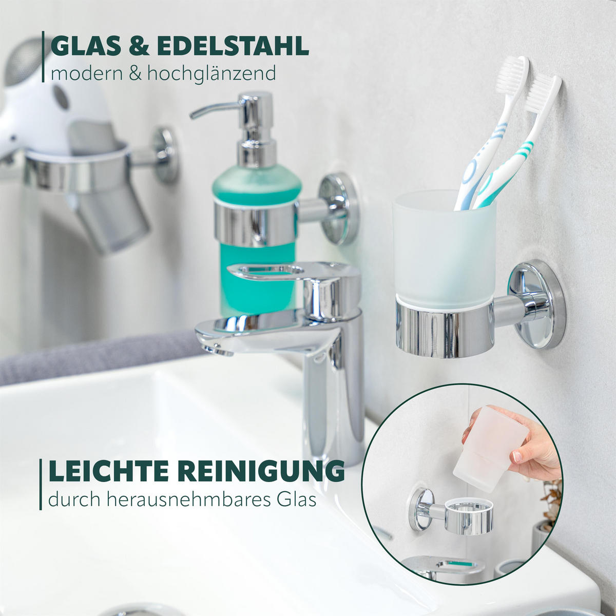 ZAHNPUTZBECHER LUCENTE, verchromt, inkl. Klebeset - Chromfarben, Metall (6.5/9.5/11cm) - bremermann