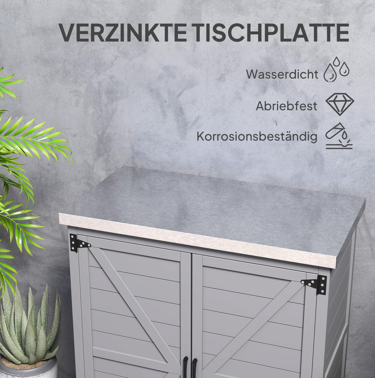 GARTENKOMMODE 79/92/43 cm Grau aus Holz mit verzinkter Tischplatte - Grau, Holz (43/92/79cm) - OKMYHOME