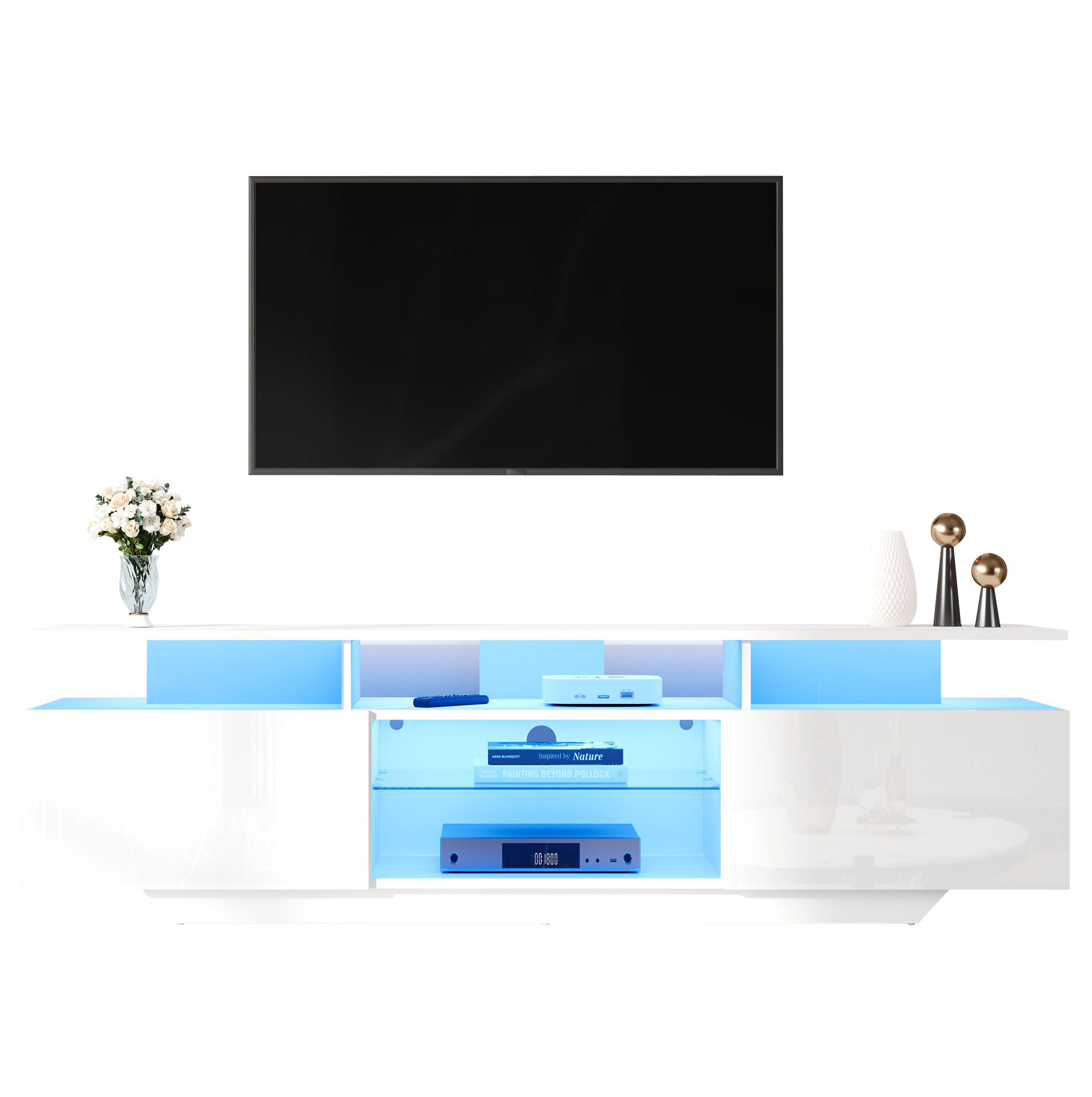 TV-LOWBOARD 160/40/45 cm aus MDF mit LED-Beleuchtung, 8 Ablageflächen und 2 Schränken, Hochglanz, Weiß - Weiß, Holzwerkstoff (160/45/40cm) - Redom