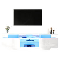 TV stolek 160/40/45 cm s LED osvětlením ovládaným přes aplikaci, 2 skřínkami a tvrzeným sklem, Bílá - bílá, kompozitní dřevo (160/45/40cm) - Redom
