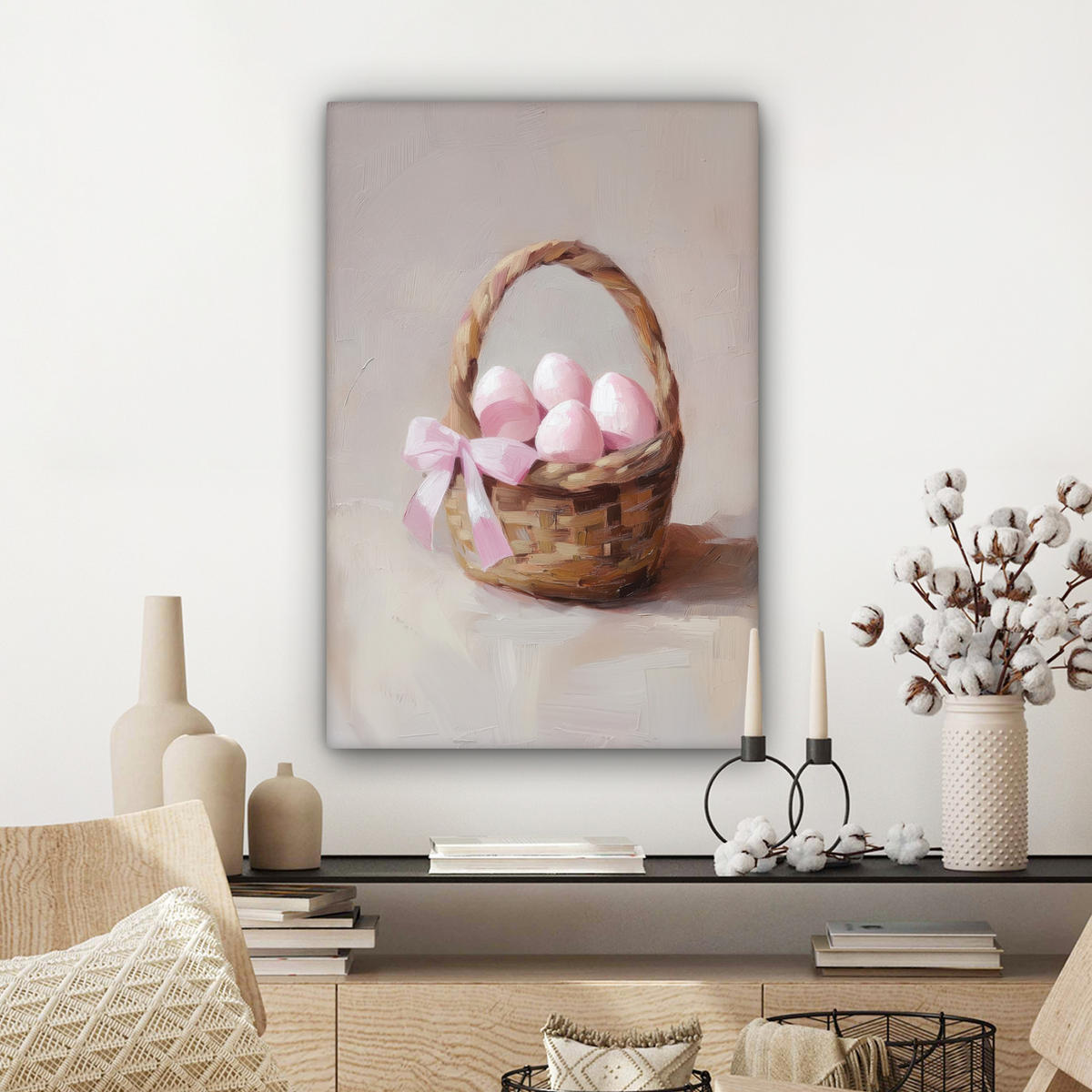 LEINWANDBILD Korb - Eier - Rosa Wanddeko Schlafzimmer 60x90 cm - Beige, Textil (60/90cm) - MuchoWow