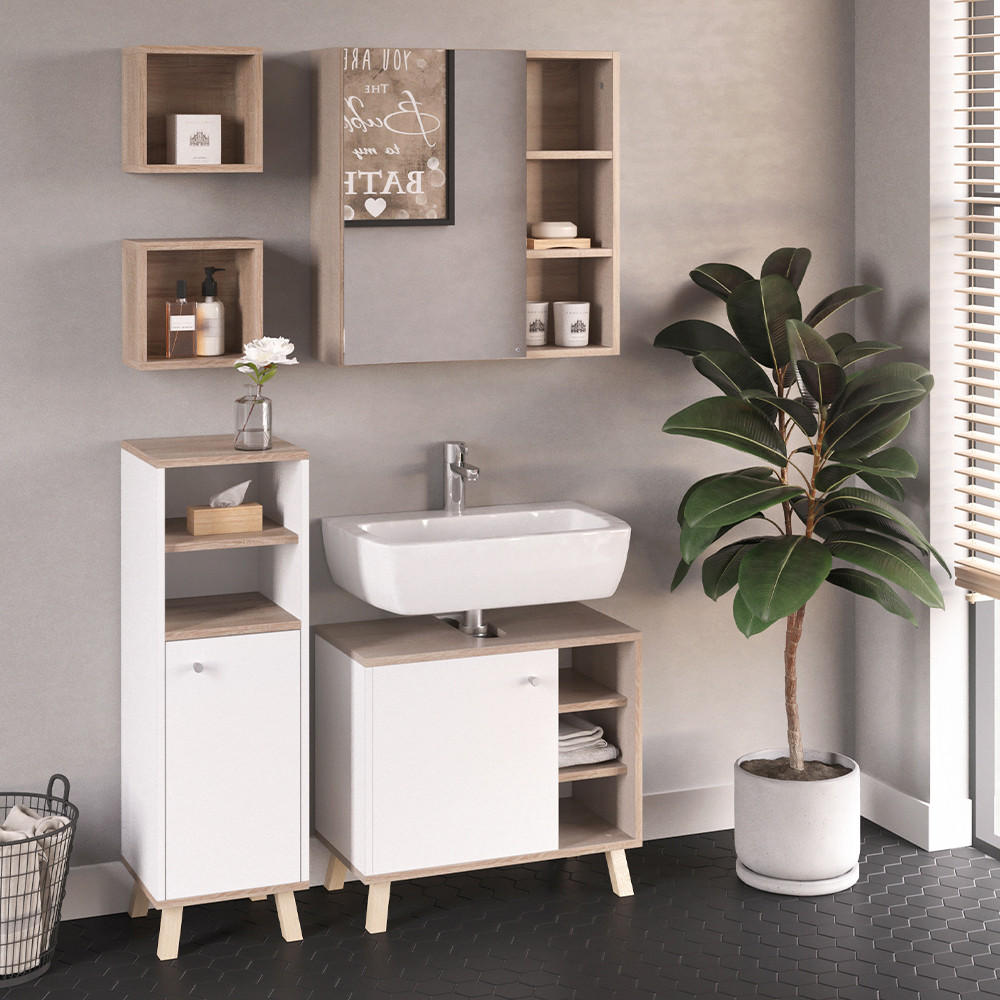 BADMÖBEL-SET Senyo Weiß 4 Teile, mit Midischrank - Weiß/Sonoma Eiche, Holzwerkstoff (62/54/32cm) - Vicco