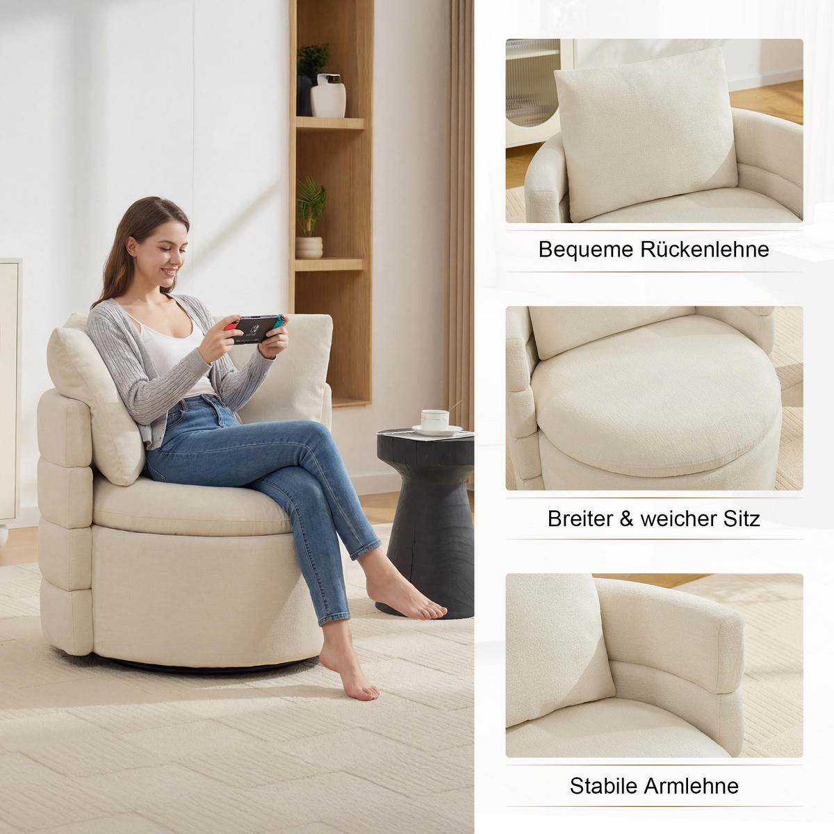 SESSEL 360° drehbar mit Stauraum, DE-42213, Elfenbein - Creme, Holzwerkstoff (73/83/78.5cm) - ComfortXL