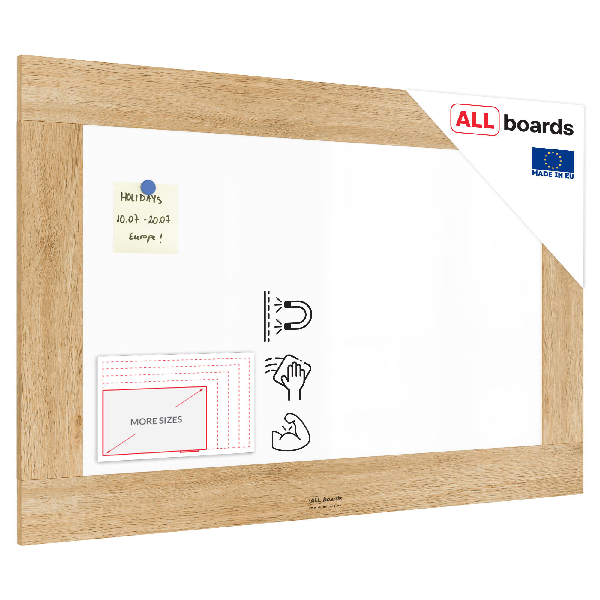 MAGNETISCHES Whiteboard, trocken abwischbar PREMIUM 90×60 cm, massiver Rahmen im Eichendesign - Weiß, Metall (90/60/2cm)