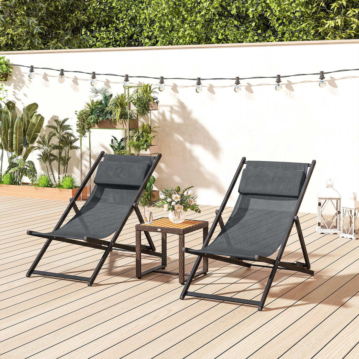 SONNENLIEGE 2er-Set DE-15639 klappbar, 5-fach verstellbar mit Kopfkissen Dunkelgrau - Dunkelgrau, Metall (60/85/100cm) - ComfortXL