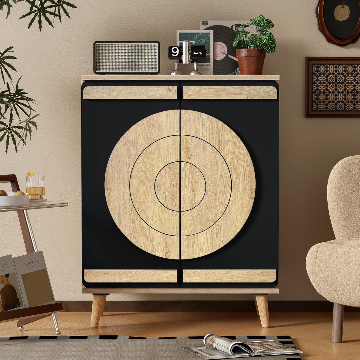 SCHUHSCHRANK Modern Runde Geometrische Türen Stauraum Holzbeine - Schwarz, Holzwerkstoff (37/98.5/76cm) - FLIEKS