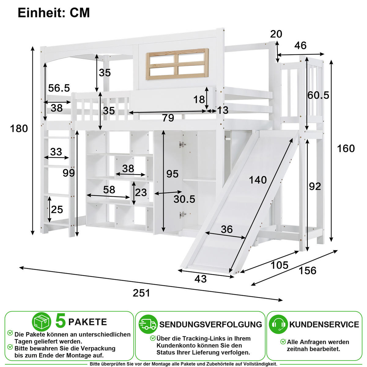 ETAGENBETT 90/200 cm in Weiß & Natur mit Rutsche, Regal und Kleiderschrank - Weiß/Naturfarben, Holz/Holzwerkstoff (90/200cm) - CHICFURN