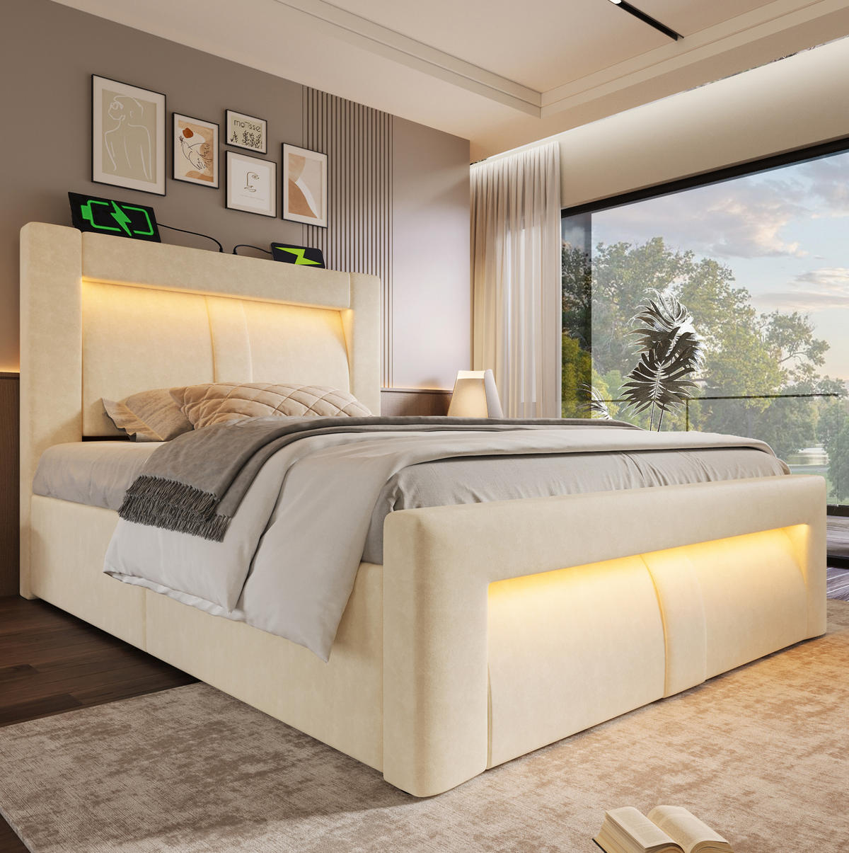 BETT mit Stauraum 90x200 cm Samt Beige mit LED und Ladeanschlüssen - Beige, Metall (90/200cm) - Meubliv