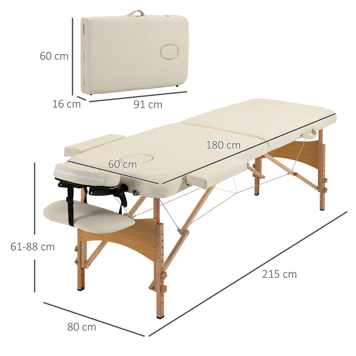 MASSAGETISCH, klappbare Massageliege, Creme - Weiß, Holzwerkstoff (182/87/60cm) - HOMCOM
