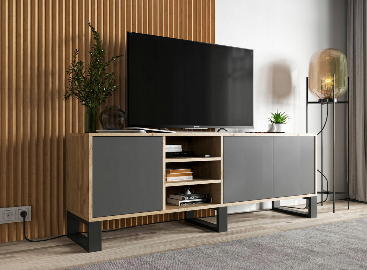 TV-LOWBOARD Apollo Eiche wotan Graphit Matt mit Metallbeinen 150/53/35 cm - Graphitfarben/Schwarz, Holzwerkstoff/Metall (150/53/35cm) - Meble Lindner