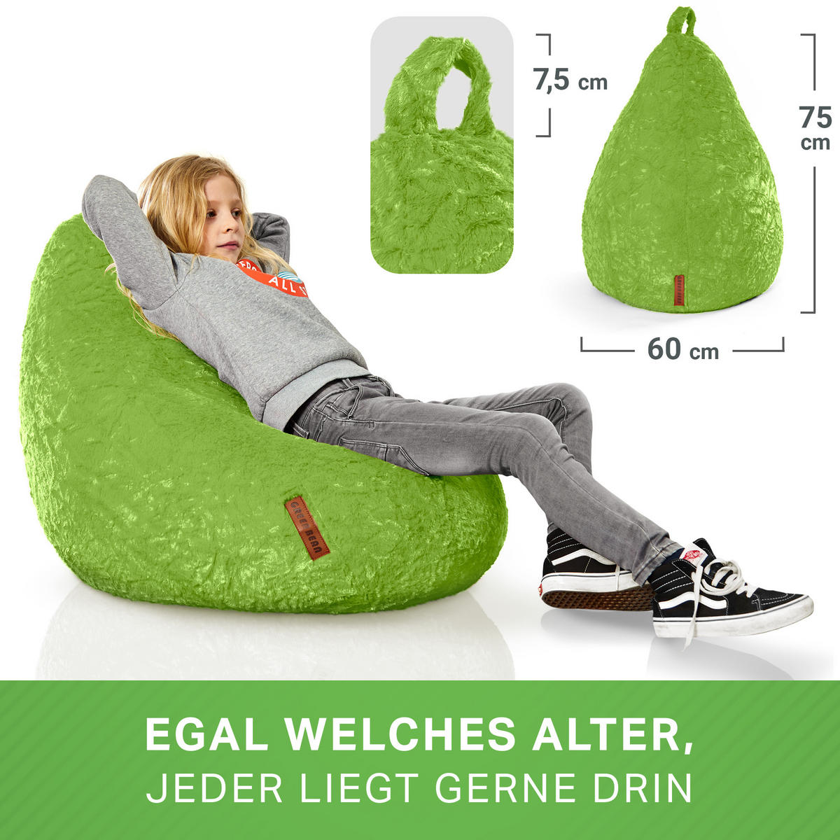 SITZSACK "Plüsch" 60x45x45cm - 120L - Grün, Textil (45/60/45cm) - Green Bean
