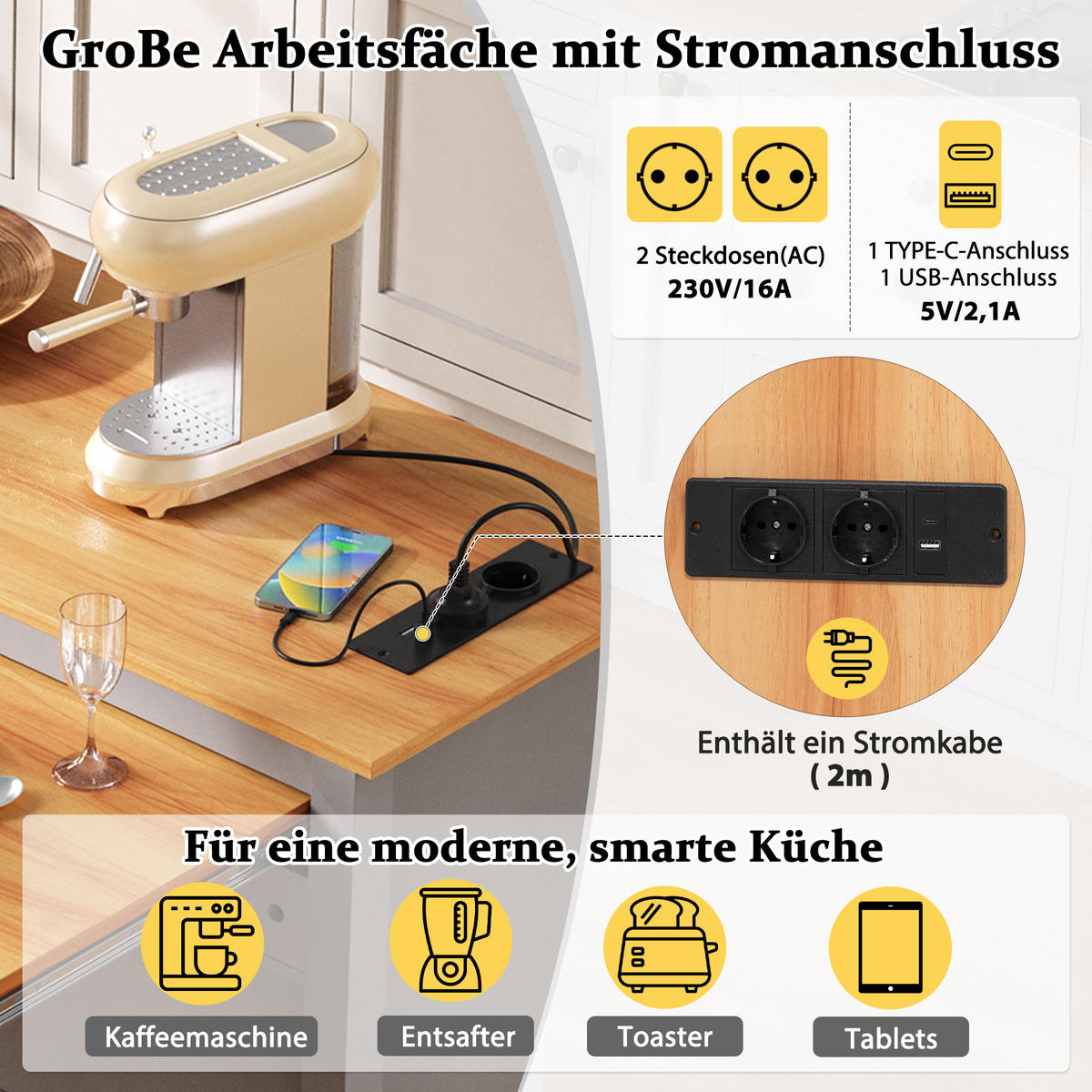 KÜCHENINSEL 120x75x92cm Grau mit Ausziehplatte,Mülleimerfach & Rollen - Grau, Holzwerkstoff (120/92/75cm) - Modfu