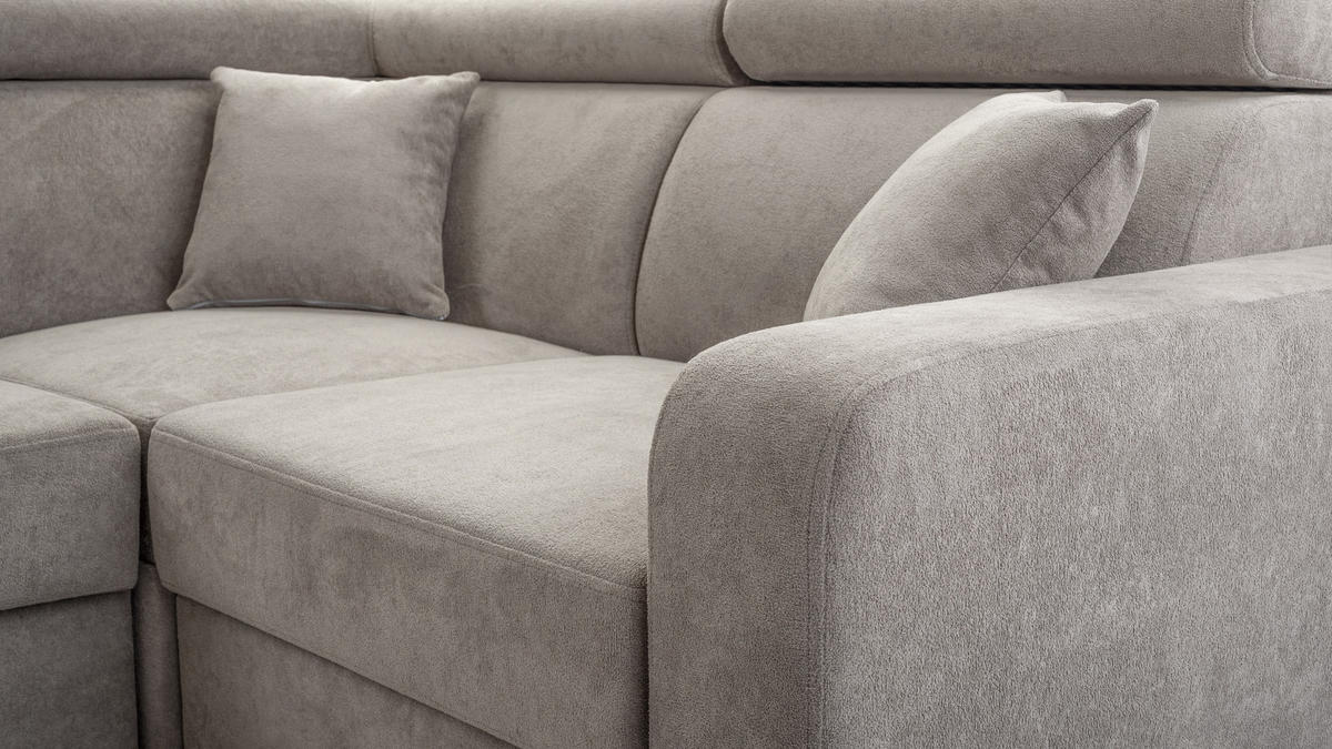 ECKSOFA RENO Beige Plüsch-Stoff mit Schlaffunktion - Beige, Holz (263/184cm) - MASSENO