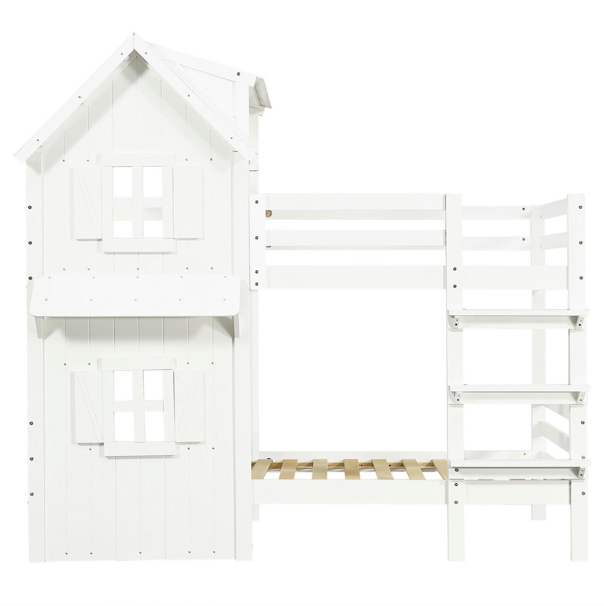 ETAGENBETT aus Kiefernholz und MDF 90x200 cm Weiß mit Fenstern, Dach und Sicherheitsgeländern - Weiß, Holzwerkstoff (90/200cm) - IVMEU