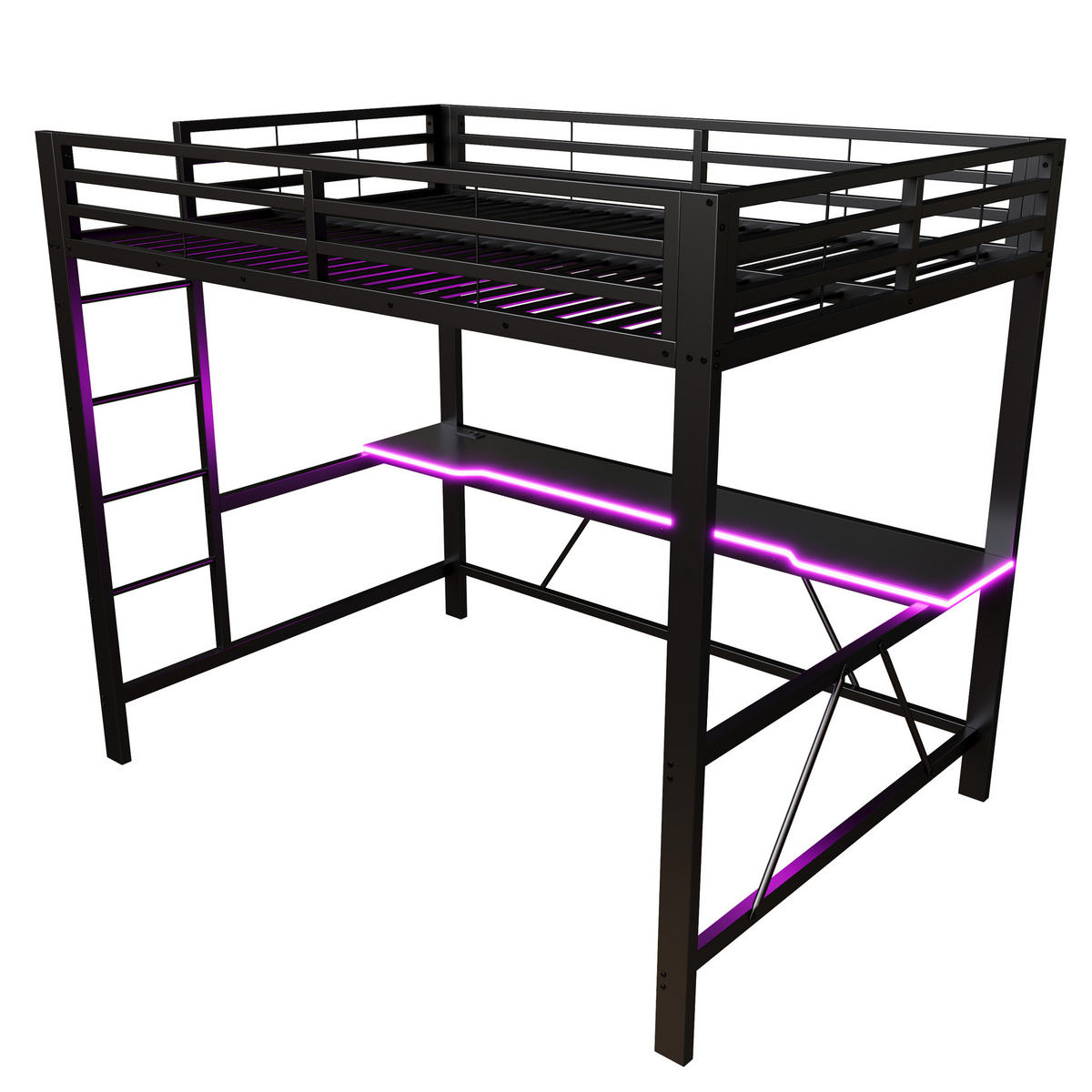 HOCHBETT 140/200 cm in Schwarz mit Schreibtisch, LED und USB im Jugend-Design - Schwarz, Holzwerkstoff/Metall (140/200cm) - STILVORA