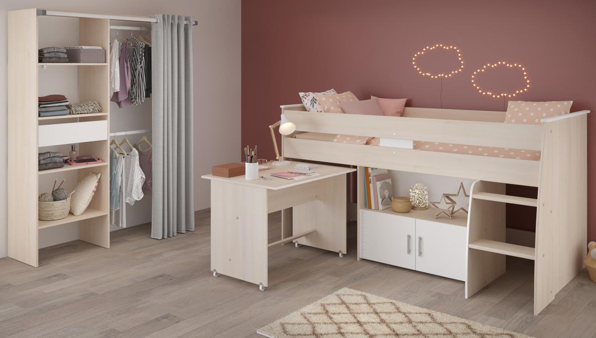 KINDERZIMMER-SET 2-teilig Akazie, weiß, Jugendzimmer mit Hochbett - Eichefarben/Silberfarben, Holzwerkstoff/Kunststoff (206/182/114cm) - Parisot Meuble