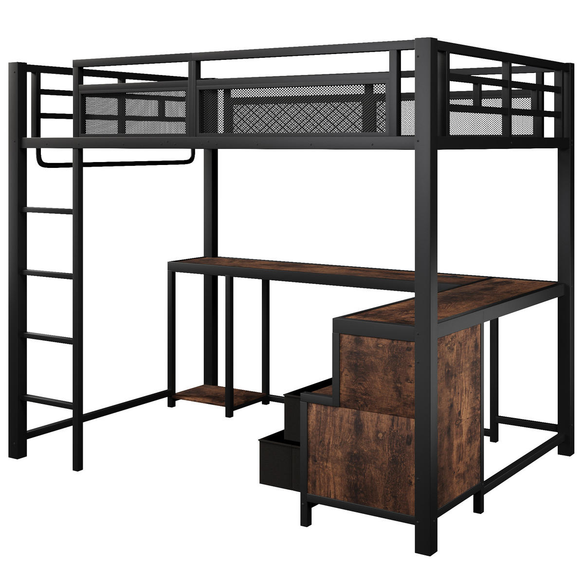 HOCHBETT mit Schreibtisch 140x200 cm Metall Holzoptik Schwarz - Schwarz, Metall (140/200cm) - Meubliv