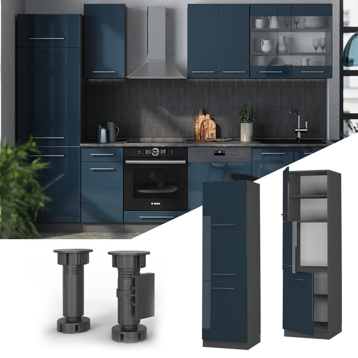 SKŘÍŇKA NA VESTAVĚNOU TROUBU Fame-Line Tmavě modrá s vysokým leskem - antracitová/tmavě modrá, kompozitní dřevo (60/206.8/58cm) - Vicco