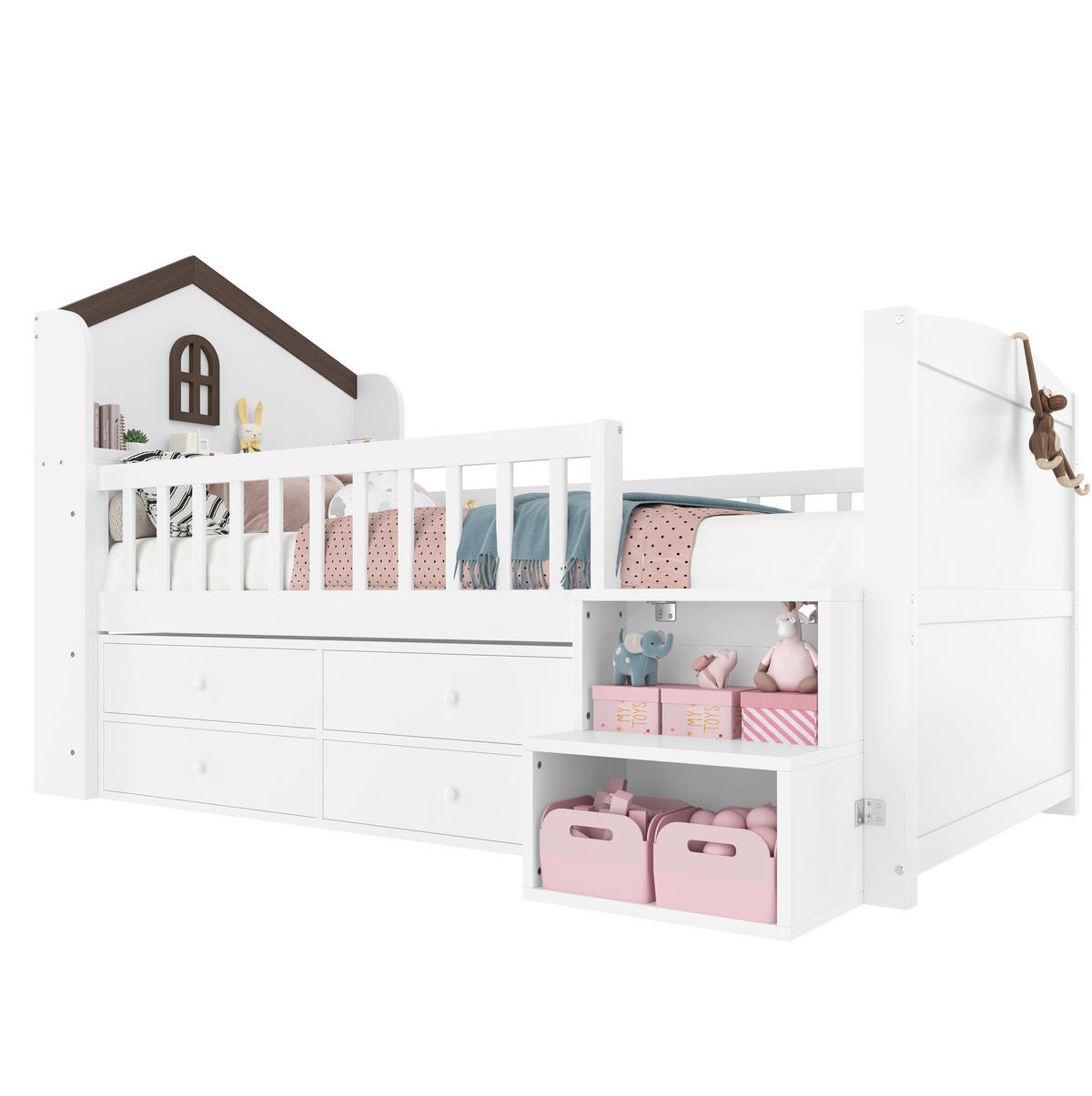 HALBHOHES Kinderbett 90/200 cm mit LED-Beleuchtung, 4 Schubladen, Regal-Leiter und Hausdesign aus Kiefernholz, Weiß - Weiß, Holz (90/200cm) - Redom