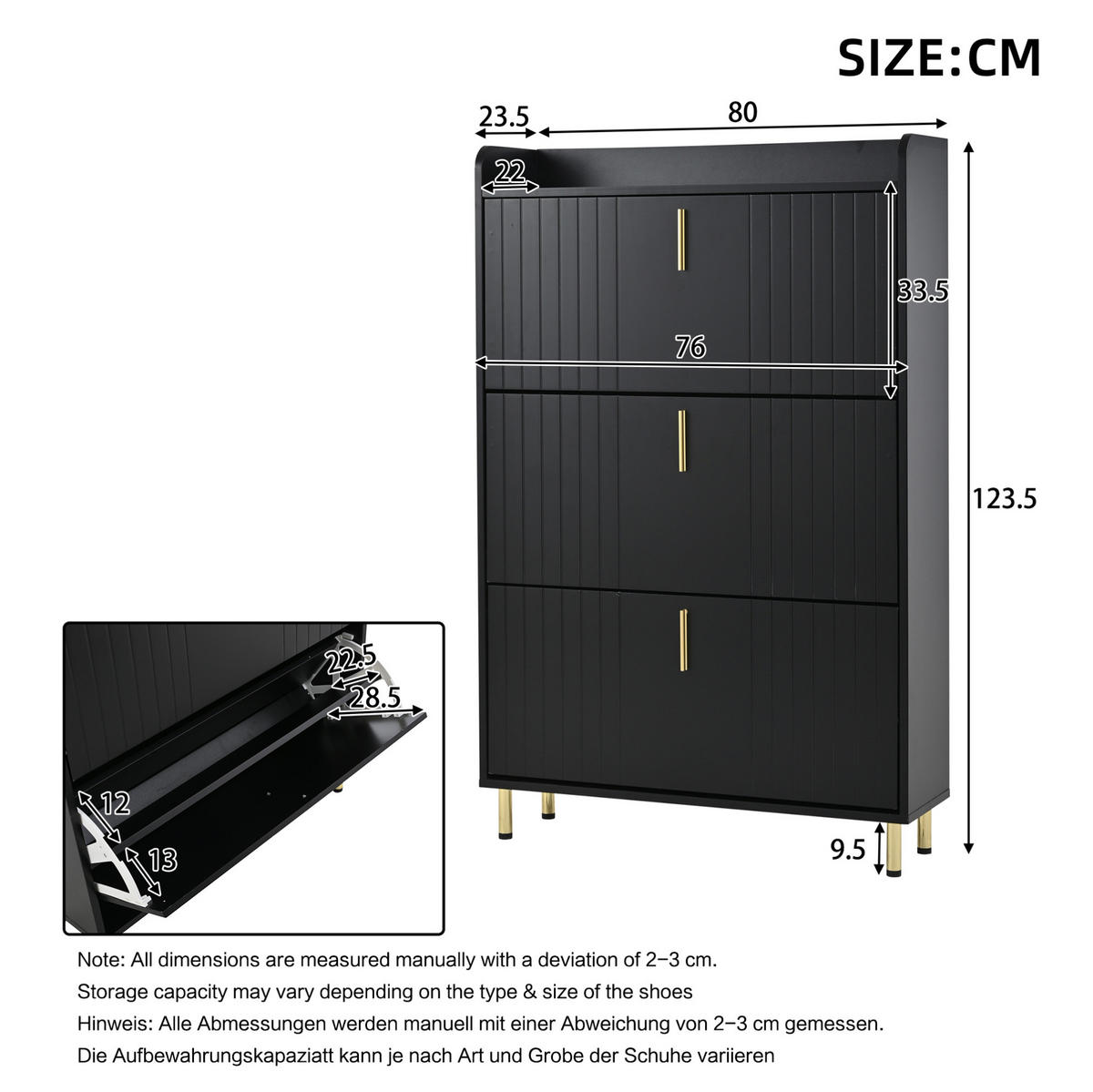 SKRINKA na topánky 80/23/123,5 cm čierna z MDF s 3 výklopmi a nastaviteľnými policami - čierna, kompozitné drevo (80/123.5/23.5cm) - OKWISH