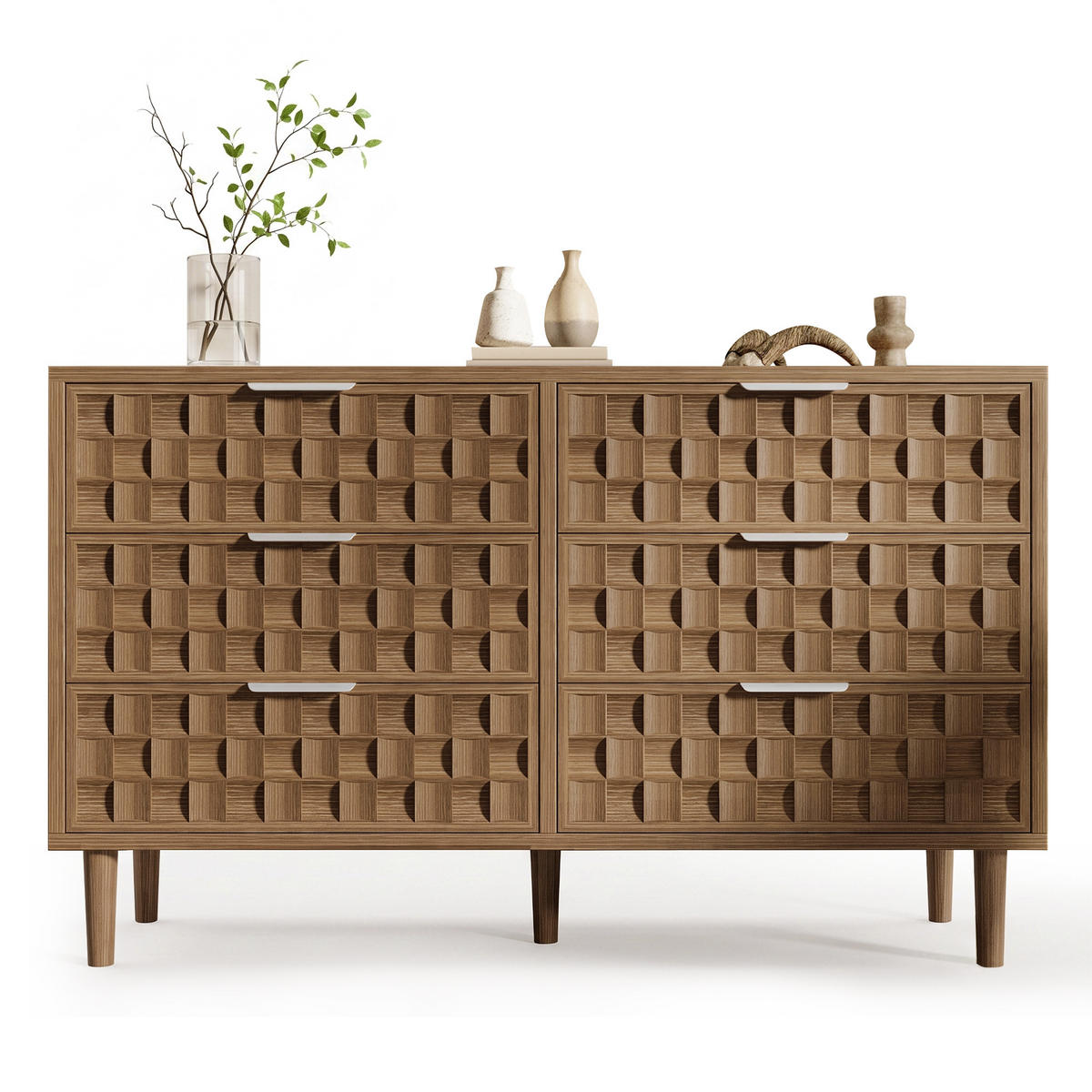 SIDEBOARD 120/37/77 cm mit 6 Schubladen, Waffelstruktur und Metallgriffen in Walnussfarben - Walnussfarben, Holzwerkstoff (120/91/40cm) - CHICFURN