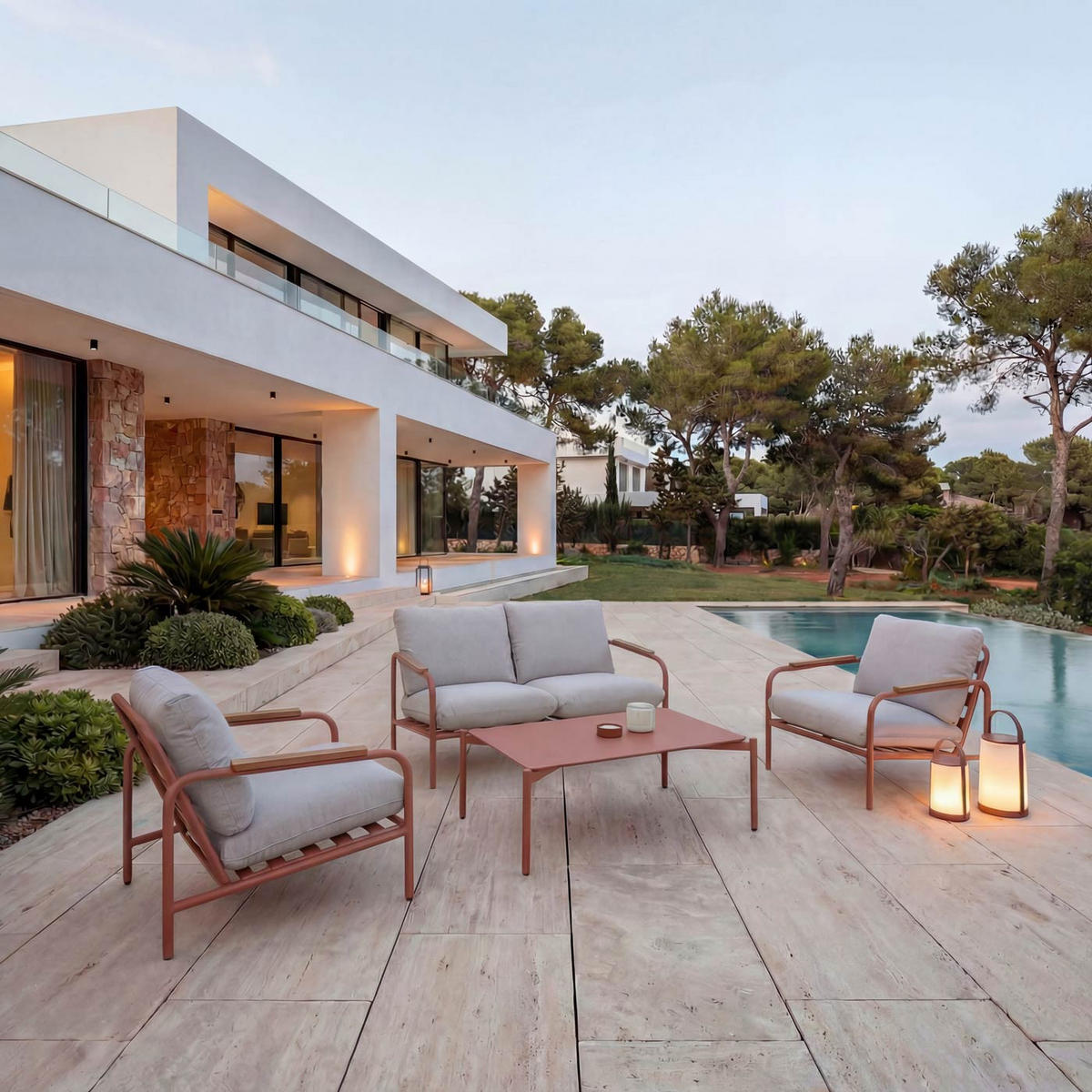 GARTENGARNITUR Rot, Beige 1x 2-Sitzer Gartenbank, 2x Sessel und 1x Tisch-Set - Beige/Rot, Metall - MCW