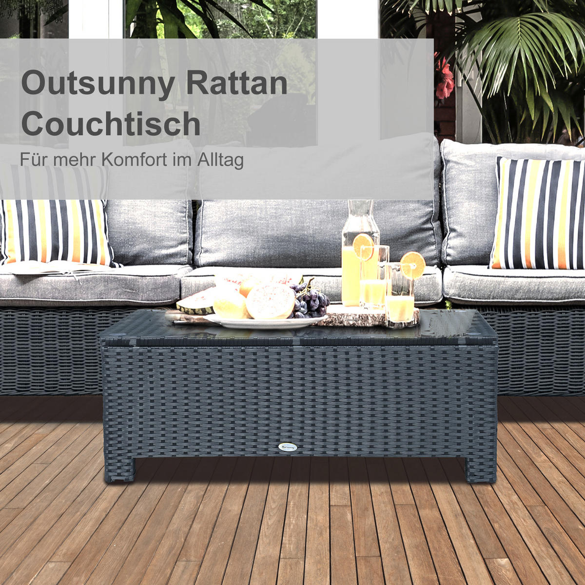 COUCHTISCH, Schwarz, Metall, PE-Rattan, Gehärtetes Glas - Schwarz, Kunststoff (85/50/39cm) - Outsunny