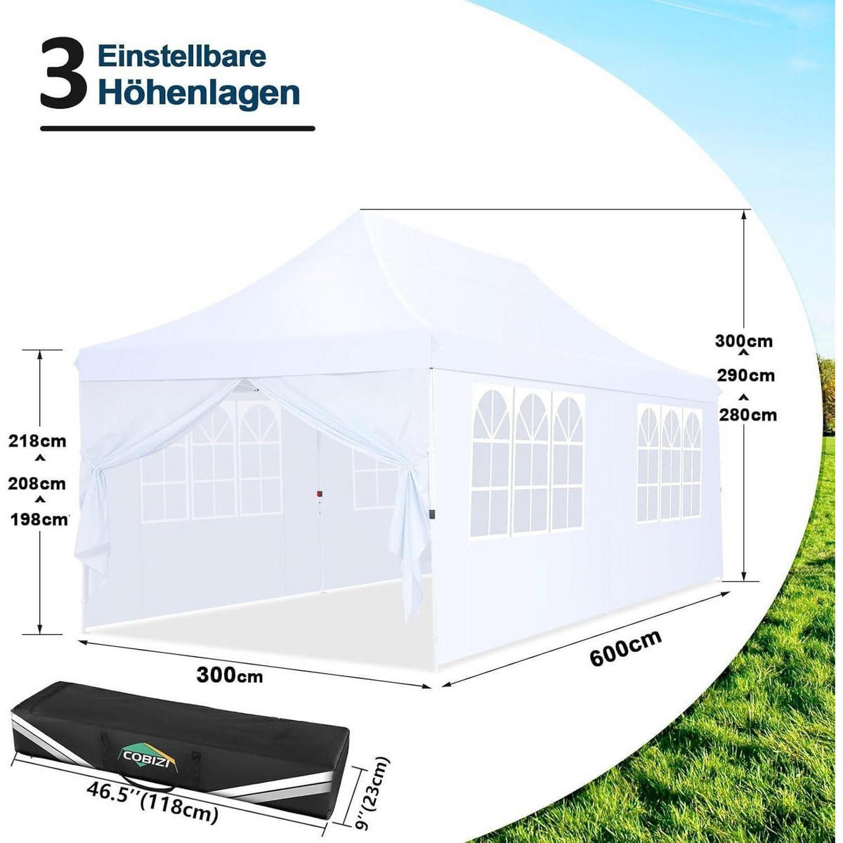 FALTPAVILLON 3 x 6 m Weiß Wasserdicht UV-Schutz - Weiß, Textil (300/300/600cm)