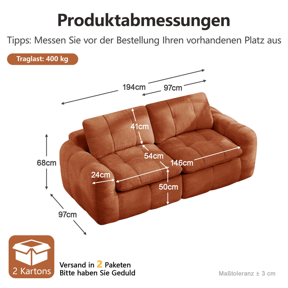 2-SITZER-SOFA DE-34464 quadratische Tuftung und 32D-Schaum Orange - Orange, Textil (97/68/194cm) - ComfortXL