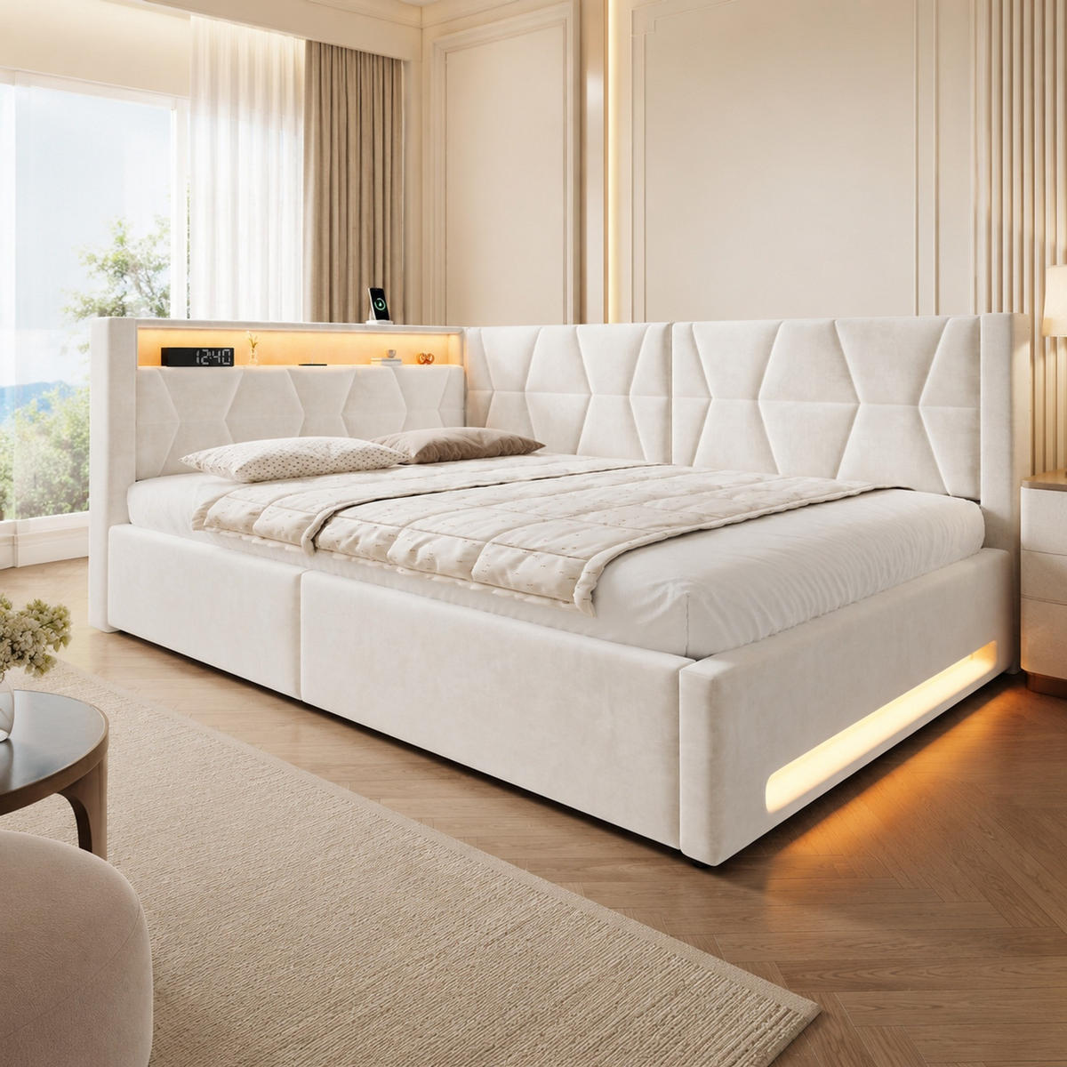 POLSTERBETT 140/200 mit Bettkasten, LED, USB und Type-C in Beige - Beige, Holzwerkstoff/Textil (140/200cm) - EVRYAE