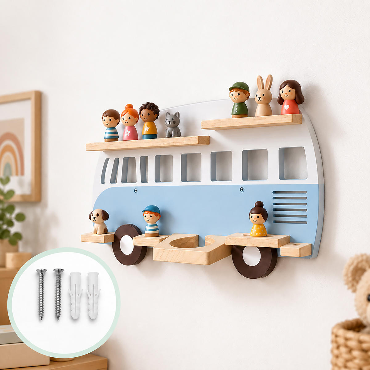 WANDREGAL Blau Busform für 25 Hörfiguren - Blau, Holz (62/32/13cm) - Relaxdays