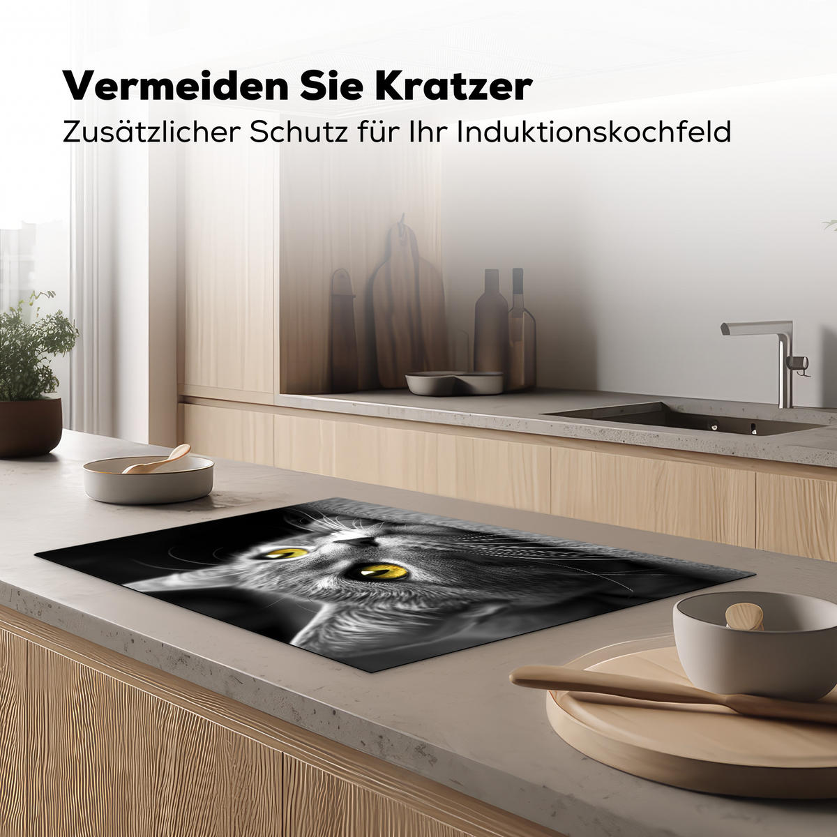 HERDABDECKPLATTE Katze - Grau - Tiere - Katze Ceranfeldabdeckung 78x52 cm - Grau, Kunststoff (78/52/0.2cm) - MuchoWow