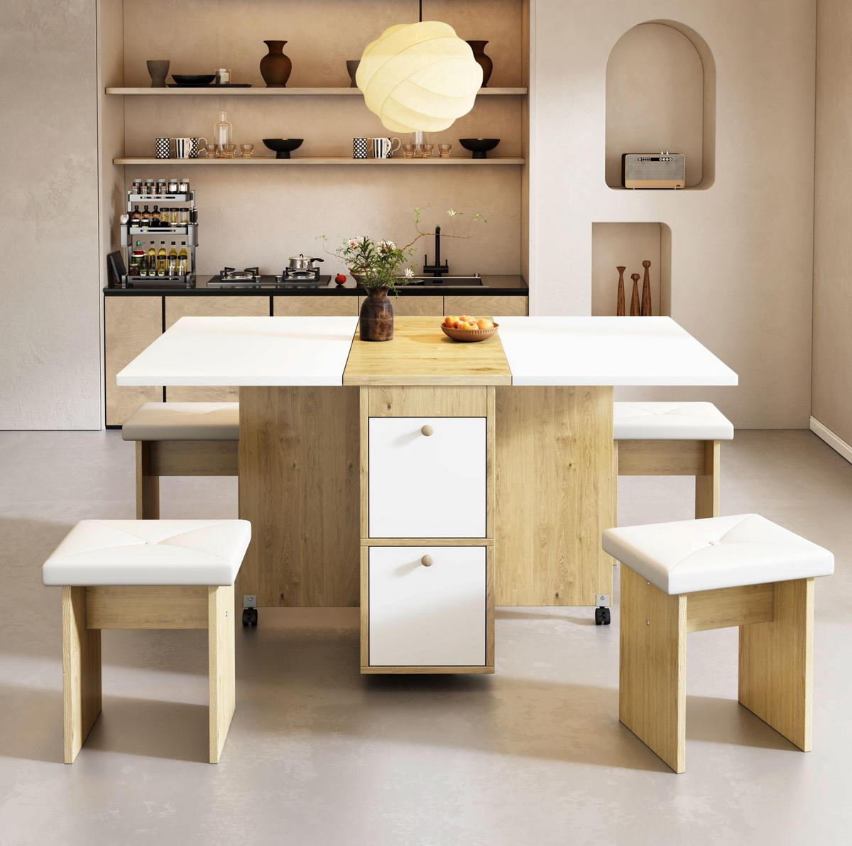 ESSTISCH-SET 120/80/75 cm klappbarer multifunktionaler Esstisch mit 4 Stühlen weiß/Eiche - Weiß, Holzwerkstoff (80/75/120cm) - OKWISH