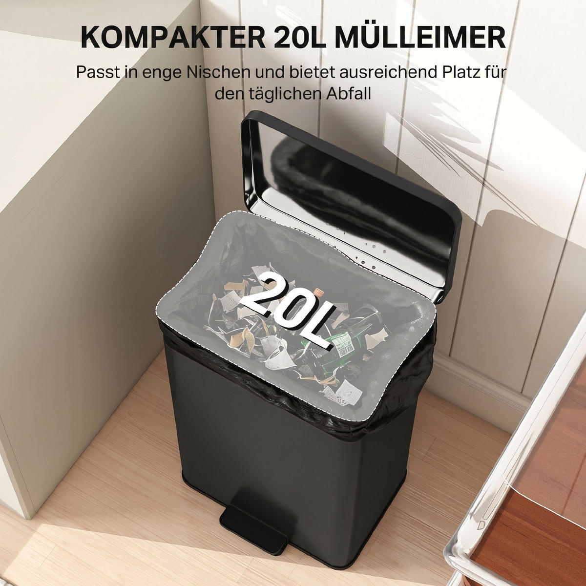 TRETEIMER MIT SOFTCLOSE-DECKEL 34,2/30,6/44,2 cm Edelstahl Mattschwarz Mülleimer 20L Küche - Schwarz, Metall (30.6/44.2/34.2cm) - Rolipo