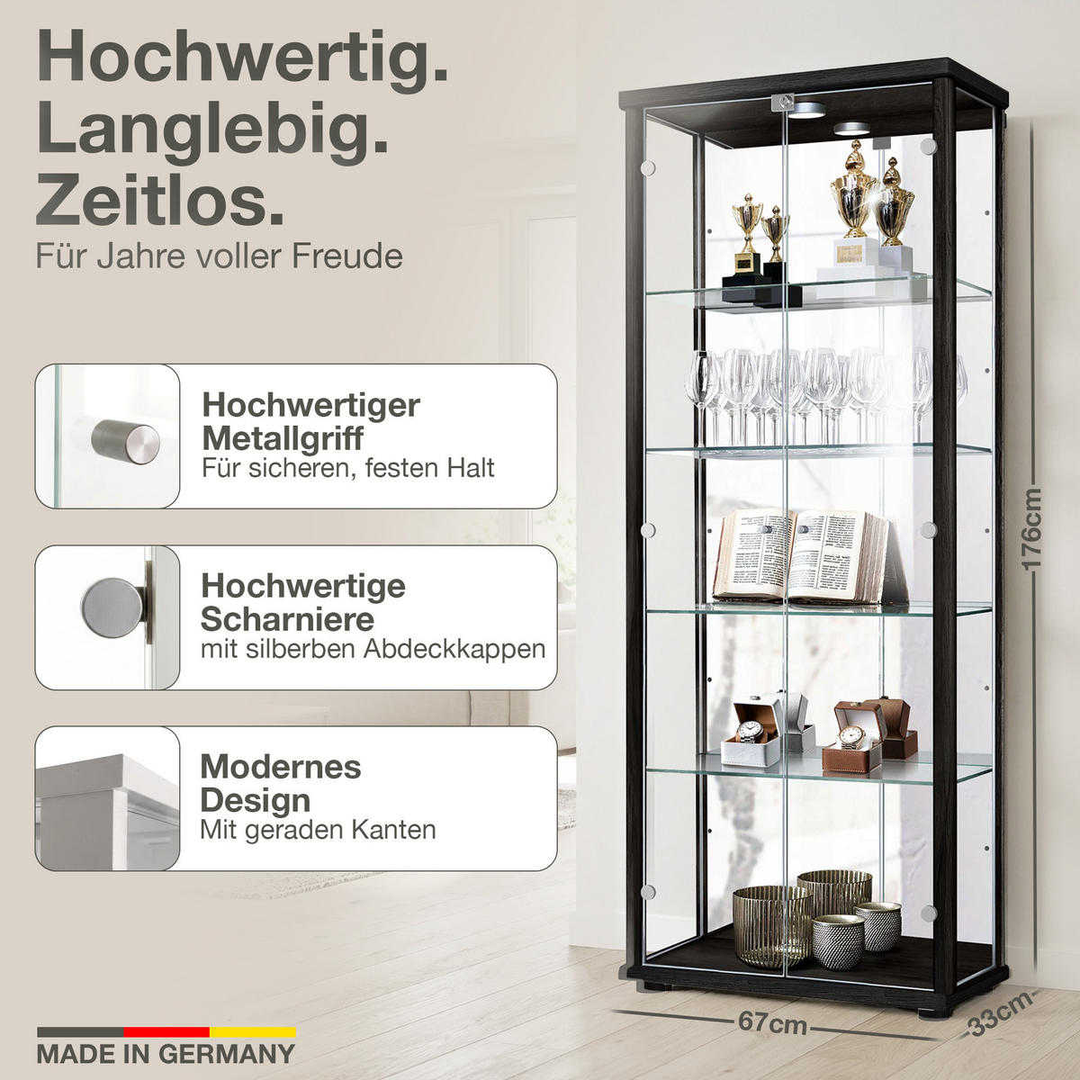 GLASVITRINE 33/67/176 cm mit Spiegel, LED, Schloss & 4 höhenverstellbaren Glasböden - Transparent/Silberfarben, Glas/Holzwerkstoff (67/176/33cm) - K-Möbel