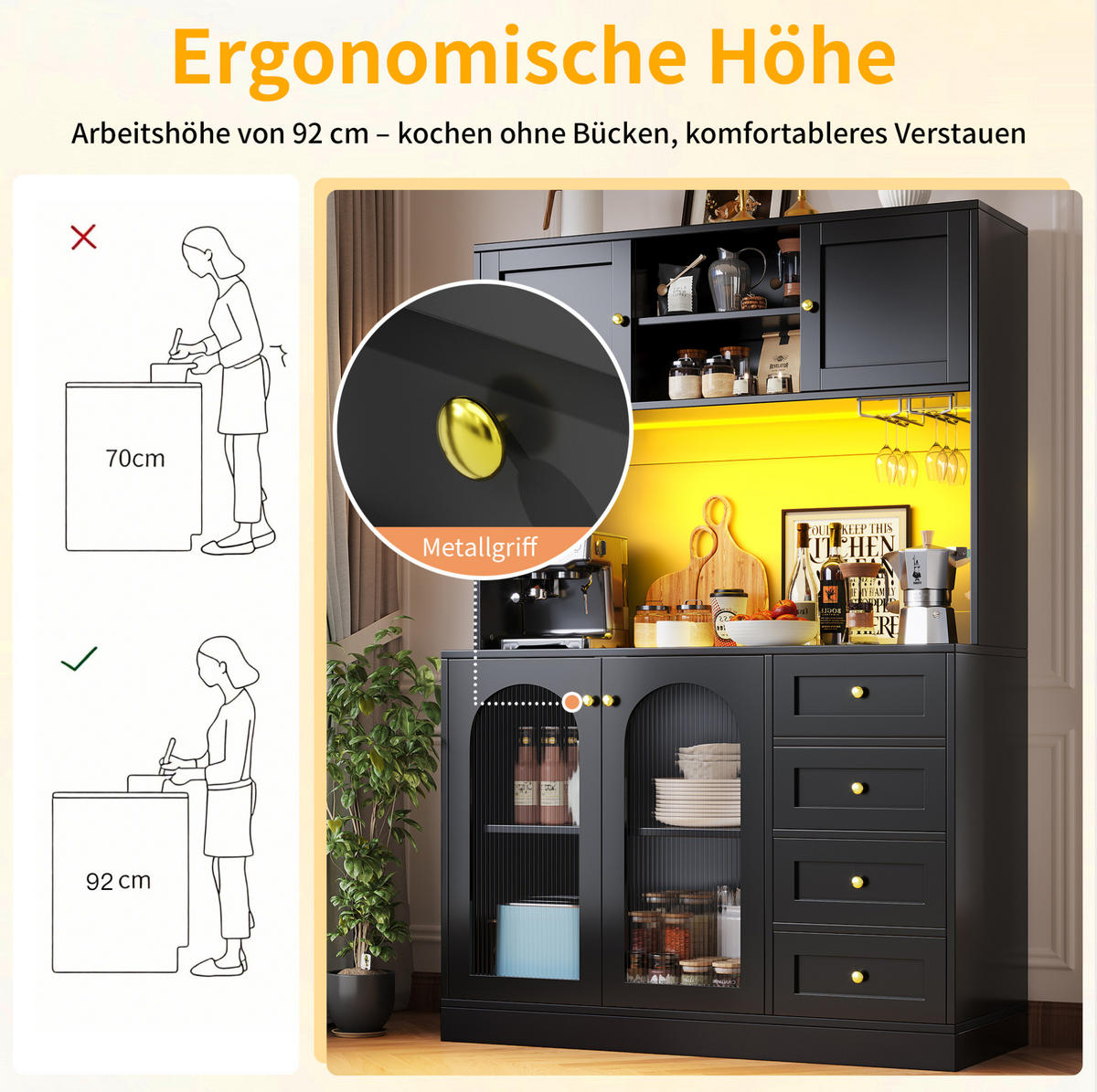 KREDENC, 120/40/188 cm, MDF crni, s LED rasvjetom - crna, drvni materijal (120/188/40cm) - BEAOK