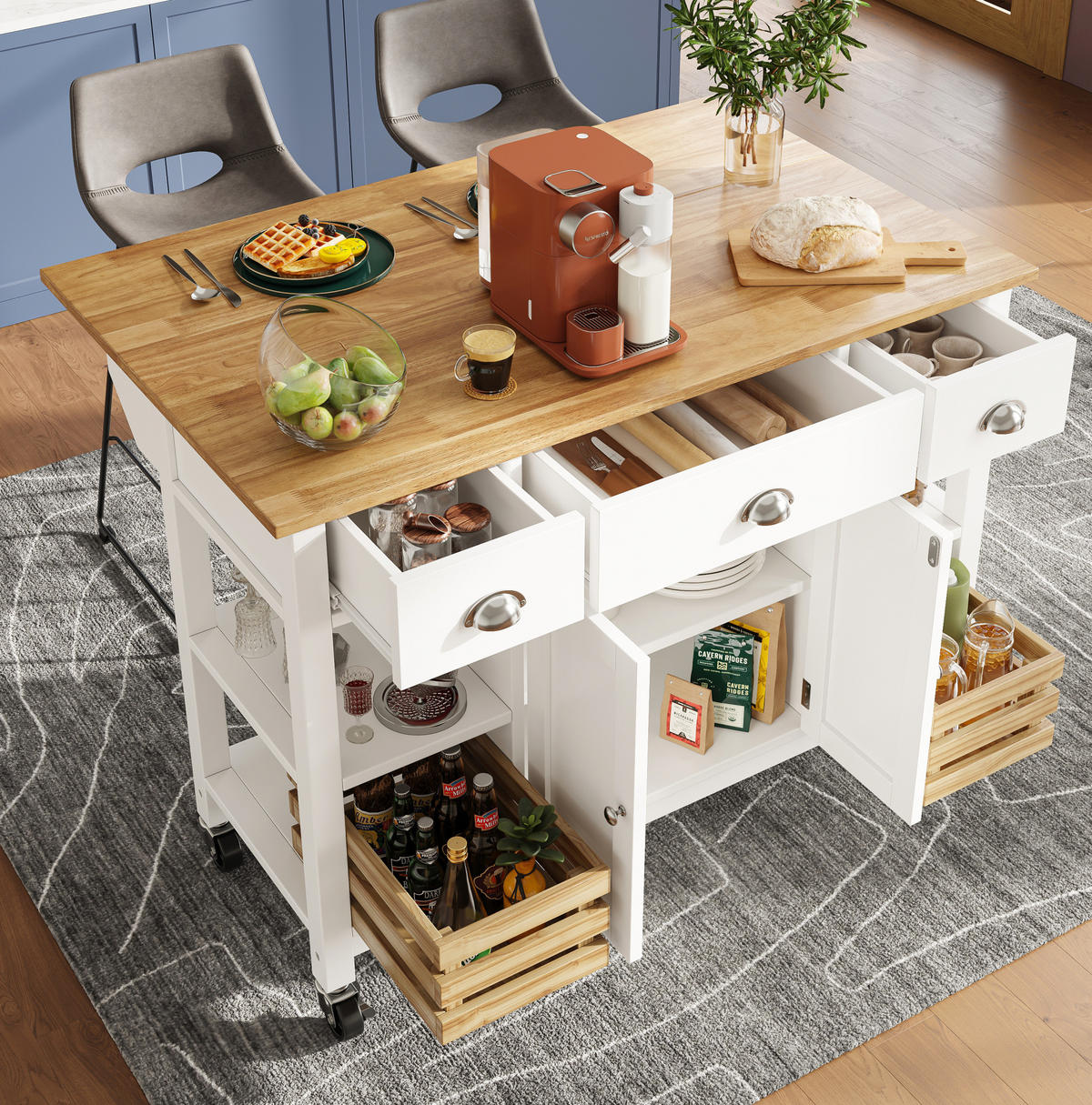 KÜCHENINSEL 120/45/90 cm Natur/Weiß aus MDF mit Klappplatte - Weiß, Holzwerkstoff (120/90/45cm) - OKWISH