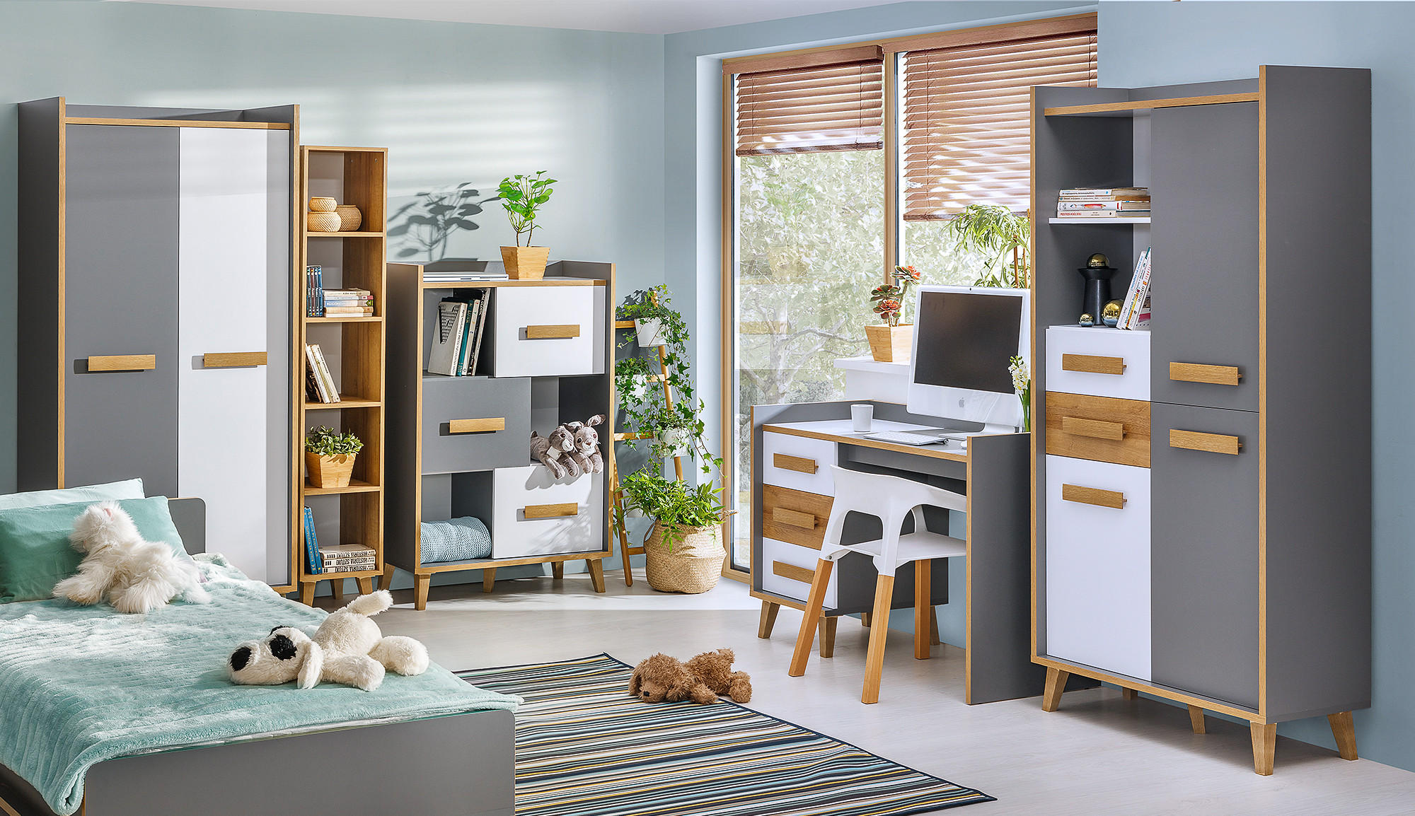 JUGENDZIMMER Werso in Weß, Riviera Eiche und Anthrazit 6 teiliges Komplett Set Kinderzimmer - Grau, Holzwerkstoff (120/200/80cm)