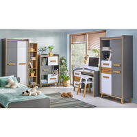 JUGENDZIMMER Werso in Weß, Riviera Eiche und Anthrazit 6 teiliges Komplett Set Kinderzimmer - Grau, Holzwerkstoff (120/200/80cm)
