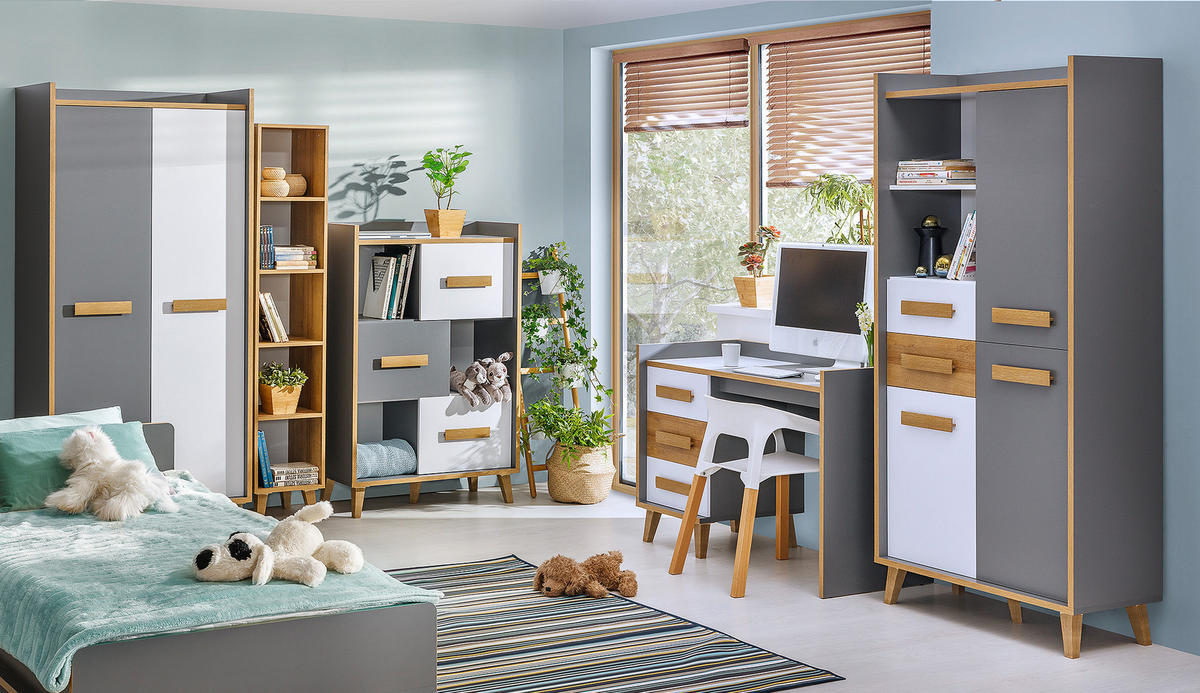 JUGENDZIMMER Werso in Weß, Riviera Eiche und Anthrazit 6 teiliges Komplett Set Kinderzimmer - Grau, Holzwerkstoff (120/200/80cm)