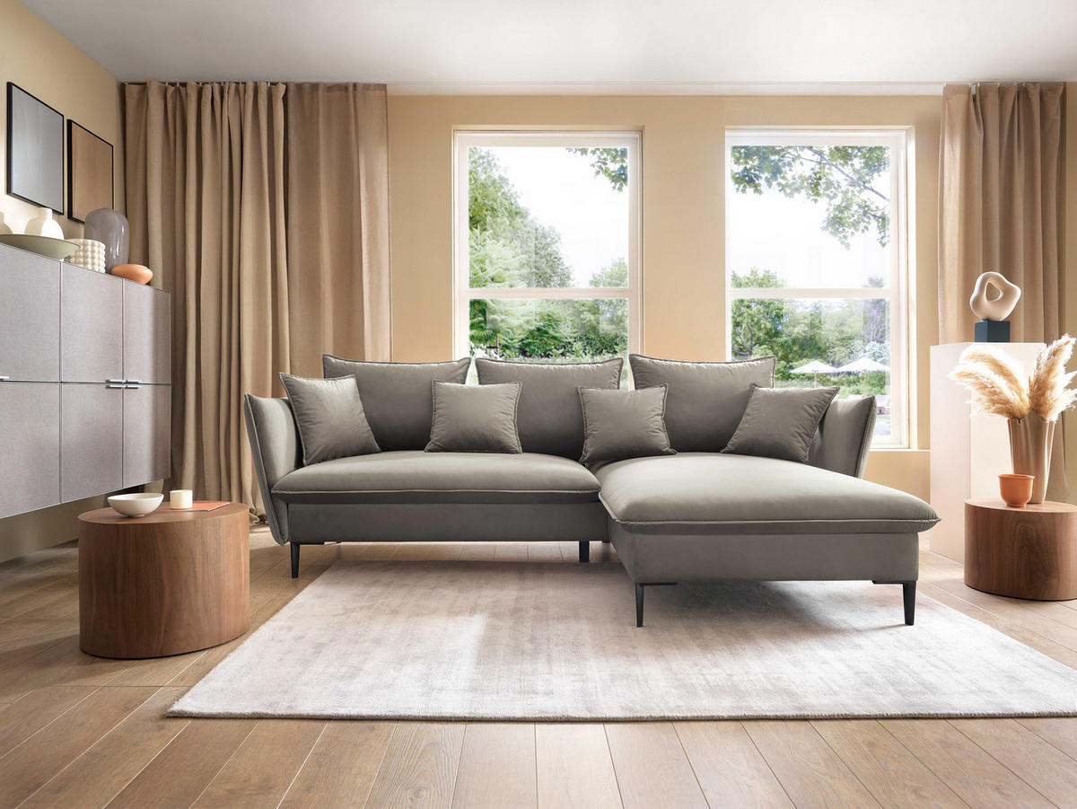 ECKSOFA GLOSS mit Schlaffunktion, Ottomane & goldenen Füßen – Samtsofa im GLOSSour-Stil mit Zierkissen, 258x167x91 cm, Rechte, GRÜN - Beige, Holz/Textil (258/167cm) - DomoHome